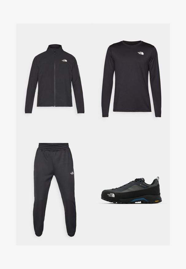 Fekete dzseki magas gallérral, elől cipzárral és texturált anyagból. Az elején bal oldalon logó található, és az ujjon egy oldalsó zseb helyezkedik el.; Hosszú ujjú fekete teljesítmény póló, könnyű anyagból készült, a bal felső mellen fehér logóval. Sima textúra.; Fekete melegítőnadrág, húzózsinórral a derékrészen, szűkített fazonnal, rugalmas szegélyekkel és egy kis fehér logóval a bal combon, sima anyagból készült.; The North Face VERTO ALPINE GORE TEX - Túracipők - asphalt grey/tnf black