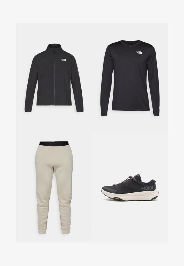 Svart jakke med høy krage, frontglidelås og teksturert stoff. Har et logo på øvre venstre side og en sidelomme på ermet.; Langermet svart prestasjonstrøye laget av lett stoff, med en hvit logo på øvre venstre bryst. Glatt tekstur.; The North Face PANT - Joggebukse - clay grey/cavern grey; Svart treningssko med teksturert overdel, grå detaljer, reflekterende elementer og en tykk hvit såle med Vibram-merke.