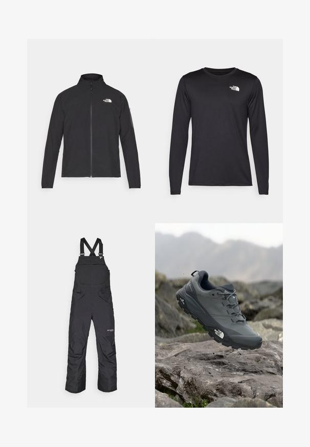 Črna jakna z visokim ovratnikom, sprednjim zadrgo in teksturirano tkanino. Ima logo na zgornji levi strani in stranski žep na rokavu.; Črna majica z dolgimi rokavi za športne dejavnosti iz lahkega materiala, ki na zgornji levi strani prsnega dela vsebuje bel logotip. Gladka tekstura.; Črne snežne hlače z nastavljivimi naramnicami, stranskimi žepi in sprednjim žepom z flapom. Narejene iz vremensko odpornega materiala.; Sive teka za trail tek, z teksturirano zgornjimi deli, trpežnim gumijastim podplatom in ojačanim kapico za prste. Ima vezi in logotip blagovne znamke na strani.