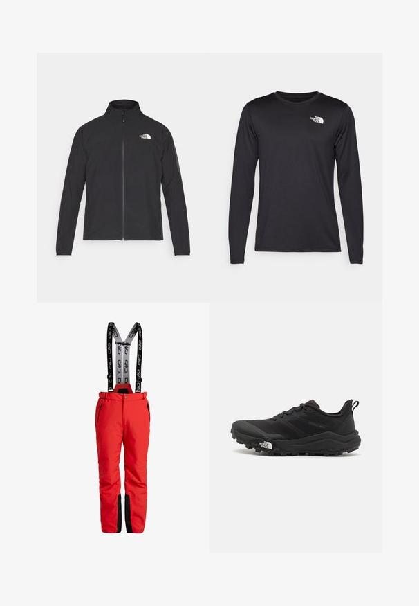 Black jacket with a high collar, front zipper, and textured fabric. Features a logo on the upper left and a side pocket on the sleeve.; Long-sleeved black performance t-shirt made of lightweight fabric, featuring a white logo on the upper left chest. Smooth texture.; Red ski pants with adjustable black suspenders featuring a logo. Includes zippered pockets and black accents at the cuffs. Waterproof material.; Black trail running shoe with a textured upper, rubber sole, and reinforced toe cap. Features a padded collar and pull tab for easy wear.