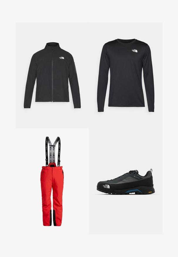 Black jacket with a high collar, front zipper, and textured fabric. Features a logo on the upper left and a side pocket on the sleeve.; Long-sleeved black performance t-shirt made of lightweight fabric, featuring a white logo on the upper left chest. Smooth texture.; Red ski pants with adjustable black suspenders featuring a logo. Includes zippered pockets and black accents at the cuffs. Waterproof material.; The North Face VERTO ALPINE GORE TEX - Hiking shoes - asphalt grey/tnf black