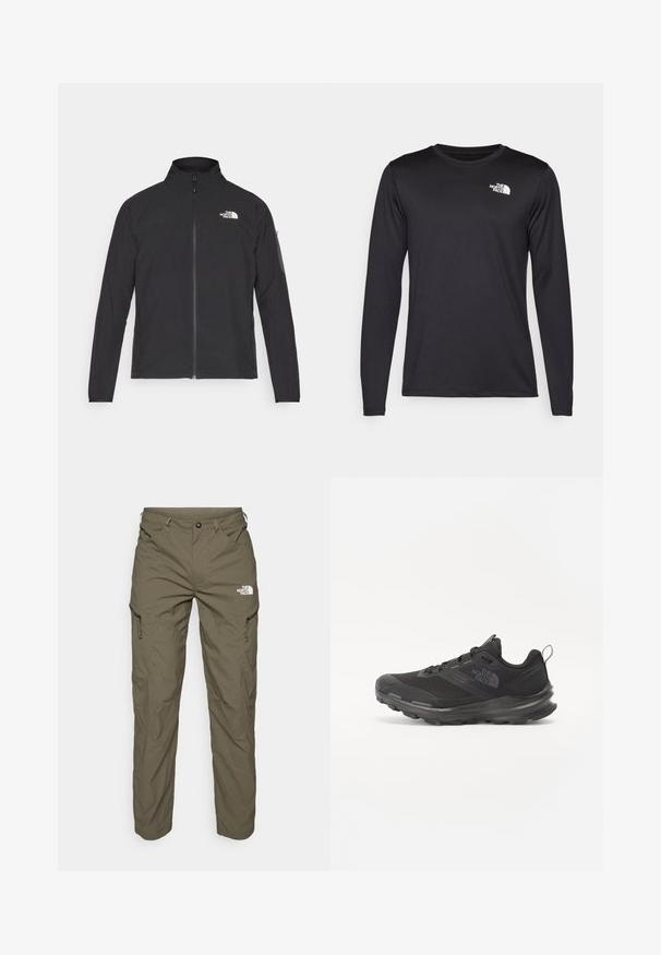 Schwarze Jacke mit hohem Kragen, vorderem Reißverschluss und TEXTURIERTEM Stoff. Verfügt über ein Logo auf der oberen linken Seite und eine Seitentasche am Ärmel.; Langärmliges schwarzes Performance-T-Shirt aus leichtem Stoff, mit einem weißen Logo auf der oberen linken Brust. Glatte Textur.; Olivgrüne Outdoor-Hosen aus leichtem Material, ausgestattet mit Cargo-Taschen, Reißverschlussakzenten und einem Logo an der Oberschenkeloberseite.; Schwarzer Sportschuh mit Mesh-Obermaterial, Gummisohle und gepolstertem Schaft. Verfügt über Schnürsenkel, Logo an der Seite und ein strukturiertes Design.