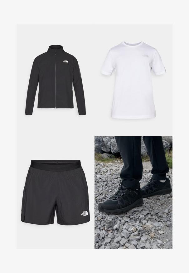 Črna jakna z visokim ovratnikom, sprednjim zadrgo in teksturirano tkanino. Ima logo na zgornji levi strani in stranski žep na rokavu.; Bela bombažna majica s kratkimi rokavi in krožnim izrezom. Ima majhen sivi logo na levem prsnem delu. Gladka tekstura, standardna velikost.; Črne kratke hlače iz lahkega materiala, s elastiko v pasu in majhnim belim logotipom na spodnji desni strani.; Črne zunanje čevlje iz mrežastega in sintetičnega materiala, s teksturiranim zgornjim delom, zavarovanim sistemom vezalk in trdim podplatom, na skalnatem terenu.