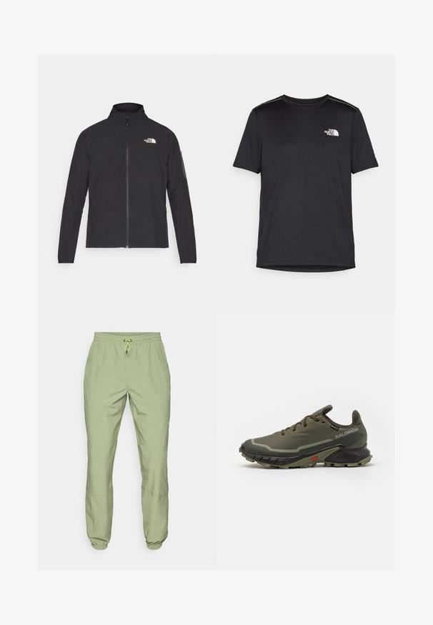 Crna jakna s visokim ovratnikom, prednjim zatvaračem i teksturiranim materijalom. Ima logo na gornjem lijevom dijelu i bočnu žepnju na rukavu.; Crna majica kratkih rukava izrađena od lagane tkanine. Ima mali bijeli logo na lijevoj strani grudi i suptilne naglaske na ramenima.; Svijetlozelene atletske hlače s elastičnim pojasom, zatvaranjem na vezicu i manžetama na gležnjevima; imaju dvije bočne džepove i glatku teksturu.; Maslinasto zelene tenisice za trčanje s teksturiranim gornjim dijelom od tkanine, crnim gumeni potplat, zaobljenim vrhom i podesivim vezanjem. Imaju crveni akcent.