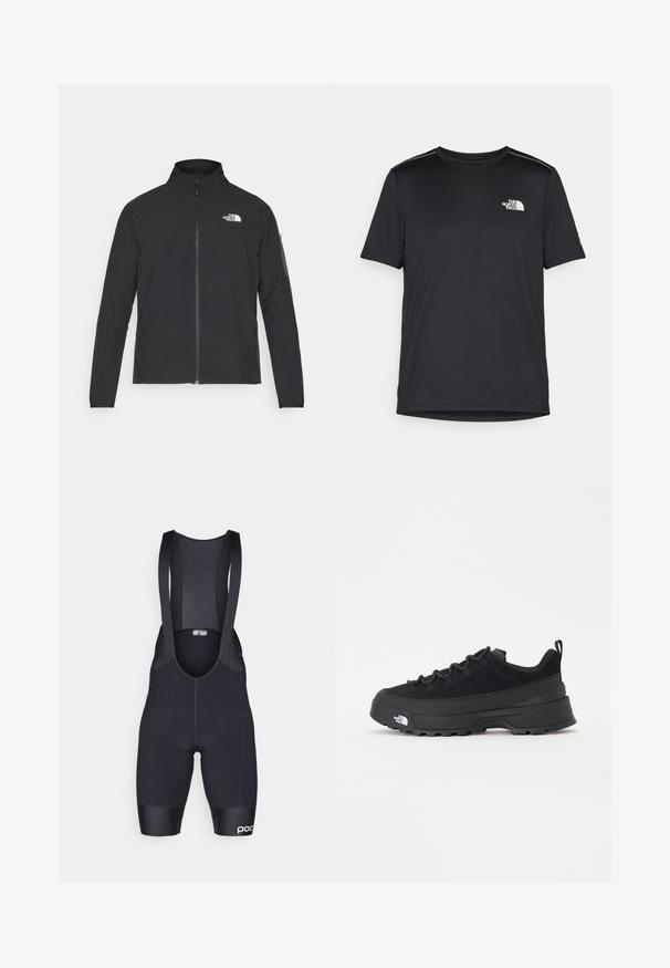 Giacca nera con colletto alto, zip frontale e tessuto strutturato. Presenta un logo sulla parte superiore sinistra e una tasca laterale sulla manica.; T-shirt nero a maniche corte realizzata in tessuto leggero. Presenta un piccolo logo bianco sul lato sinistro del petto e delicati dettagli sulle spalle.; Pantaloni da ciclismo neri con bretelle caratterizzati da una vestibilità aderente, tessuto testurizzato, sezione superiore in rete e un logo sulla gamba. Design strutturato per il comfort.; Sneaker da esterno nera con parte superiore in suede, suola in gomma testurizzata e robusto sistema di allacciatura. Presenta un tallone rinforzato e il logo del marchio sul lato.