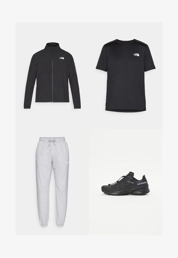Čierna bunda s vysokým golierom, predným zipsom a textúrovanou tkaninou. Na prednej strane má logo na ľavej hornej strane a bočnú vrecko na rukáve.; Čierne tričko s krátkym rukávom vyrobené z ľahkej tkaniny. Obsahuje malé biele logo na ľavej hrudi a jemné akcenty na pleciach.; Svetlošedé tepláky s elastickým pásom a šnúrkou. Sťahovacie členky a decentné logo na hornej nohe. Vyrobené z mäkkej látky.; Čierna trailová bežecká obuv s textúrovaným vrškom, elastickými šnúrkami a podrážkou Contagrip. Obsahuje tesný strih a ochrannú špicu.