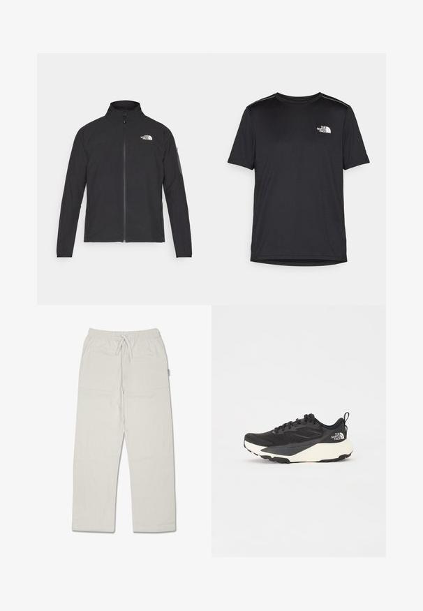 Crna jakna s visokim ovratnikom, prednjim zatvaračem i teksturiranim materijalom. Ima logo na gornjem lijevom dijelu i bočnu žepnju na rukavu.; Crna majica kratkih rukava izrađena od lagane tkanine. Ima mali bijeli logo na lijevoj strani grudi i suptilne naglaske na ramenima.; Svijetlosivi hlače opuštenog kroja izrađene od teksturiranog materijala s elastičnom trakom u struku i podesivim vezicom; imaju bočne džepove.; Crne atletske tenisice s teksturiranim mrežastim gornjim dijelom, solidnim crnim detaljima i laganom bijelom potplatom. Sadrži vezanje čipkom i trakicu za povlačenje.