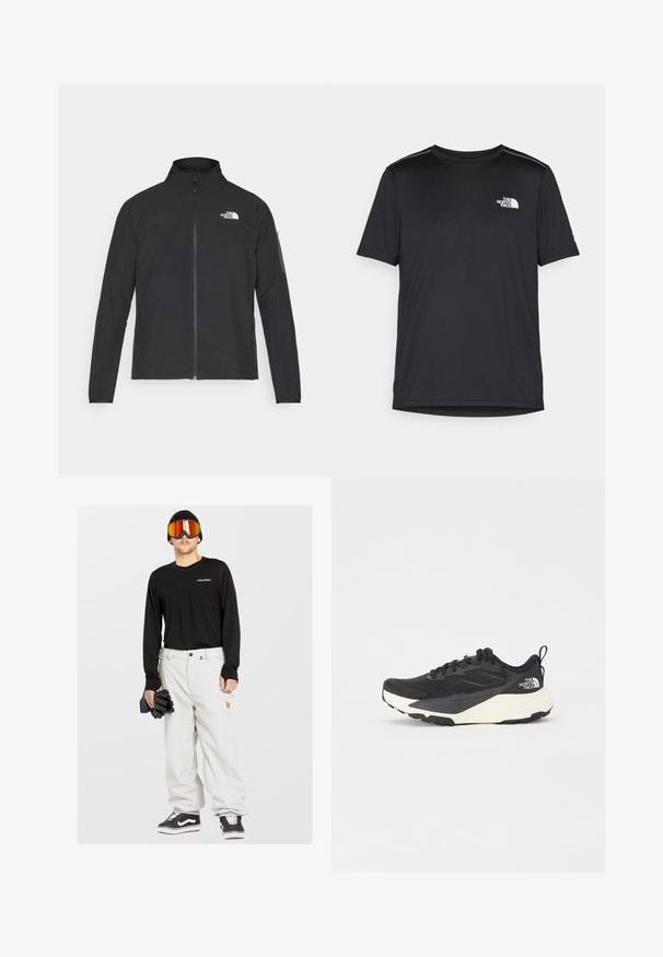 Veste noire avec col montant, fermeture éclair à l'avant et tissu texturé. Présente un logo sur le coin supérieur gauche et une poche latérale sur la manche.; T-shirt noir à manches courtes en tissu léger. Présente un petit logo blanc sur la poitrine gauche et des accents subtils aux épaules.; Chemise noire à manches longues, pantalon de neige blanc, gants noirs et lunettes de ski réfléchissantes. Bonnet gris, baskets noires avec semelle blanche.; Chaussure de sport noire avec une tige en mesh texturé, accents noirs solides et semelle extérieure légère blanche. Dispose d'un système de laçage et d'une tirette.