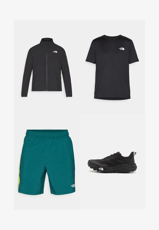 Svart jakke med høy krage, frontglidelås og teksturert stoff. Har et logo på øvre venstre side og en sidelomme på ermet.; Svart kortermet T-skjorte laget av lett materiale. Har en liten hvit logo på venstre bryst og subtile skulderdetaljer.; Turkise shorts med elastisk midjebånd, gule detaljer på sidene og en liten hvit logo på nederste høyre bein, laget av lett stoff.; Svart terrengløpesko med teksturert overdel, gummisåle og forsterket tåhette. Har polstret krage og løftestropp for enkel påkledning.