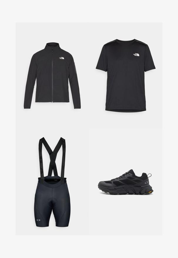 Fekete dzseki magas gallérral, elől cipzárral és texturált anyagból. Az elején bal oldalon logó található, és az ujjon egy oldalsó zseb helyezkedik el.; Fekete, rövid ujjú póló, könnyű anyagból készült. Bal mellen egy kis fehér logó található, és finom vállrész kiemelések.; Fekete kerékpáros nadrág, állítható pántokkal, párnázott ülésrész, textúrált anyaggal és logó részlettel a bal lábon. Testhezálló fazon.; Fekete sportcipők masszív talppal, hálós és szintetikus felsőrésszel, texturált díszítésekkel és Vibram márkázással a külső talpon.