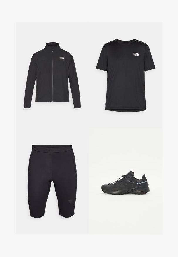 Giacca nera con colletto alto, zip frontale e tessuto strutturato. Presenta un logo sulla parte superiore sinistra e una tasca laterale sulla manica.; T-shirt nero a maniche corte realizzata in tessuto leggero. Presenta un piccolo logo bianco sul lato sinistro del petto e delicati dettagli sulle spalle.; Pantaloni ciclistici neri realizzati in materiale elasticizzato, con una texture liscia, design aderente e un logo discreto sulla parte inferiore della gamba.; Scarpa da trail running nera con tomaia strutturata, lacci elastici e suola Contagrip. Offre una vestibilità aderente e una protezione per le dita.