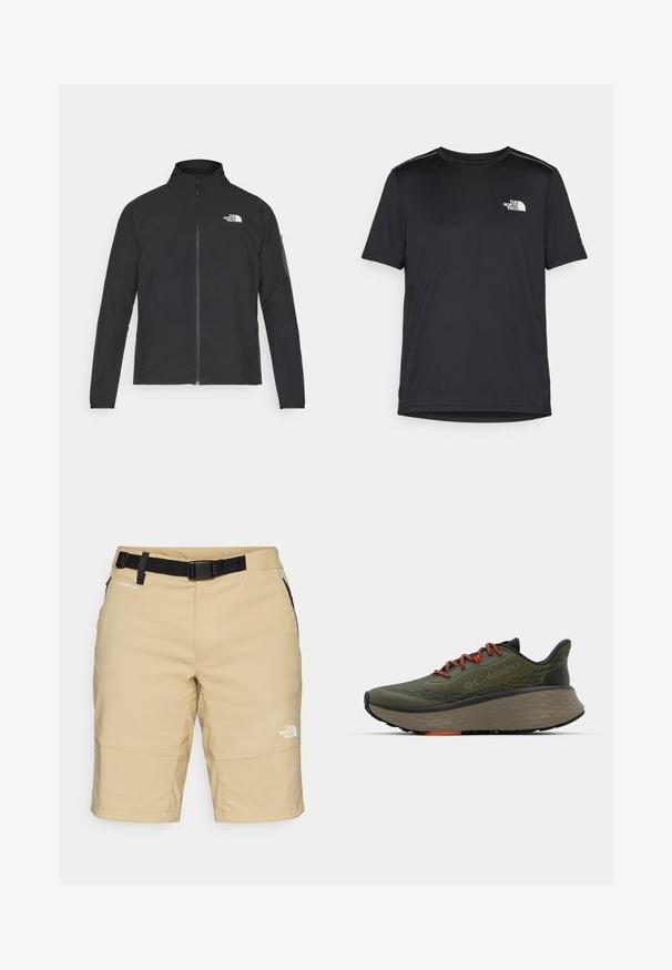 Svart jacka med hög krage, framdragkedja och texturerat tyg. Har en logotyp på övre vänstra sidan och en sidoficka på ärmen.; Svart kortärmad T-shirt i lättviktig tyg. Har en liten vit logotyp på vänster bröst och subtila axeltoner.; Beige shorts med ett svart bälte, med en slät yta och fickor på sidorna. The North Face-logotypen är tryckt i vitt på benet.; Columbia KONOS TRILLIUM ATR - Hikingskor - nori/tangy orange