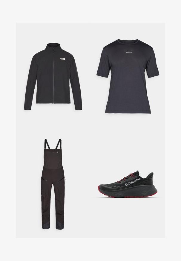 Czarna kurtka z wysokim kołnierzem, przednim zamkiem błyskawicznym i teksturowanym materiałem. Posiada logo na górnej lewej stronie oraz kieszeń na rękawie.; Czarny t-shirt sportowy krótki rękaw z przewiewnego materiału, z okrągłym dekoltem i małym białym logo "SALOMON" na piersi.; Czarne ogrodniczki z regulowanymi ramiączkami, kieszenią zapinaną na zamek z przodu oraz kieszeniami bocznymi. Posiadają wzmocnioną dolną część nogawki o kontrastowej fakturze.; Czarny sportowy but z teksturowaną cholewką, czerwonymi sznurówkami i logo. Gruba podeszwa z wzorzystym bieżnikiem dla lepszej przyczepności. Minimalistyczny design, widok z boku.