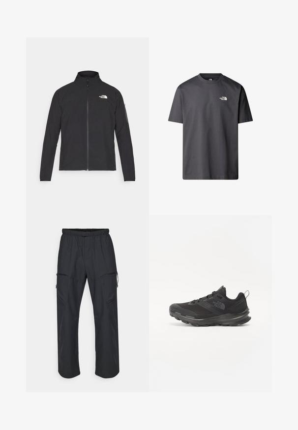 Černá bunda s vysokým límcem, předním zipem a strukturovanou tkaninou. Obsahuje logo na horní levé straně a boční kapsu na rukávu.; Šedé bavlněné tričko s kulatým výstřihem, krátkými rukávy a malým bílým logem na levé části hrudi. Měkká, hladká textura.; Černé cargo kalhoty s elastickým pasem, dvěma kapsami na zip a lehkým, hladkým materiálem.; Černá sportovní bota s prodyšným svrškem, gumovou podrážkou a polstrovaným límcem. Obsahuje tkaničky, logo na boku a strukturovaný design.