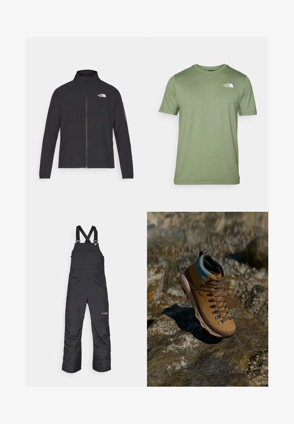 Fekete dzseki magas gallérral, elől cipzárral és texturált anyagból. Az elején bal oldalon logó található, és az ujjon egy oldalsó zseb helyezkedik el.; Olíva zöld, rövid ujjú póló, puha anyagból készült. Jellemzője a kerek nyakkivágás és a fehér logó a bal mellrészen. Az anyag sima tapintású.; Fekete hóoverál állítható vállpántokkal, oldalsó zsebekkel és egy elülső fedeles zsebbel. Időjárásálló anyagból készült.; Barna túracipő szintetikus felsőrésszel, világoskék szegéllyel, fém fűzőlyukakkal és textúrált gumitalppal. Kifejezetten szabadtéri tevékenységekhez készült.