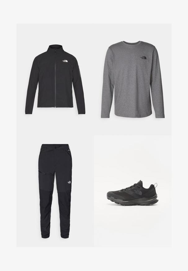 Musta takki, jossa on korkea kaulus, vetoketju edessä ja teksturoitu kangas. Sisältää logon vasemmassa yläkulmassa ja sivutaskun hihassa.; The North Face M L/S SIMPLE DOME TEE - Pitkähihainen paita - medium grey heather; Mustat ulkopantsit kapealla leikkauksella, valmistettu kestävästä kankaasta. Varustettu vetoketjullisilla taskuilla ja huomaamattomalla brändäyksellä etujalkaan.; Musta urheilujalkine, jossa on verkko päällinen, kumipohja ja pehmustettu varsi. Varusteena nauhat, logo sivussa ja teksturoitu kuvio.