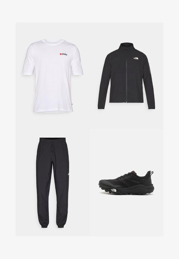 Juodas švarkas su aukšta apykakle, priekiniais užtrauktukais ir tekstūruotu audiniu. Yra logotipas viršuje kairėje ir šoninis kišenė ant rankovės.; Balta medvilninė marškinėliai su apvaliu kaklu, trumpomis rankovėmis ir raudonu bei juodu logotipu ant krūtinės. Lygi tekstūra, laisvas kirpimas.; Juodos sportinės kelnės, pagamintos iš lengvos medžiagos, su raišteliu liemens srityje, šoniniais kišenėmis ir siaurėjantys apykaklės prie kulkšnies.; Juoda bėgimo batai su tekstūruotu paviršiumi, guma padais ir sustiprinta pirštų dalimi. Yra paminkštinta apykaklė ir kilpos, leidžiančios lengvai užsidėti.