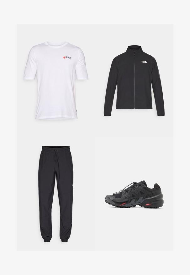 Juodas švarkas su aukšta apykakle, priekiniais užtrauktukais ir tekstūruotu audiniu. Yra logotipas viršuje kairėje ir šoninis kišenė ant rankovės.; Balta medvilninė marškinėliai su apvaliu kaklu, trumpomis rankovėmis ir raudonu bei juodu logotipu ant krūtinės. Lygi tekstūra, laisvas kirpimas.; Juodos sportinės kelnės, pagamintos iš lengvos medžiagos, su raišteliu liemens srityje, šoniniais kišenėmis ir siaurėjantys apykaklės prie kulkšnies.; Juodas bėgimo batelis su sintetiniu viršumi, tekstūruotu dizainu ir kontrastingais raudonais akcentais. Turintis saugų raištelių sistemą ir tvirtą pado konstrukciją.