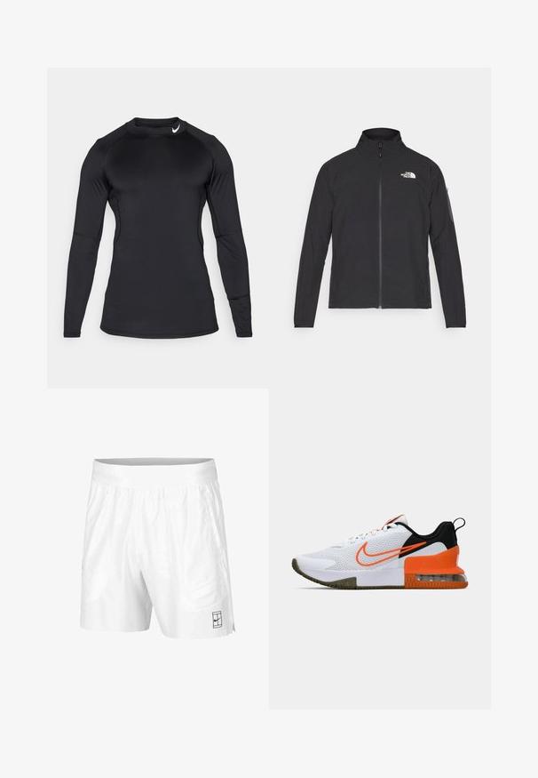 Black jacket with a high collar, front zipper, and textured fabric. Features a logo on the upper left and a side pocket on the sleeve.; Black long-sleeve athletic shirt made of smooth, stretchy fabric with a crew neckline and discreet logo on the upper left.; White athletic shorts made of lightweight fabric with an elastic waistband, featuring two side pockets and a small black logo on the hem.; White athletic shoe with a textured mesh upper, black and orange accents, a thick rubber sole, and a clear air cushion section at the heel.