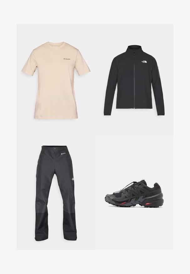 Jachetă neagră cu guler înalt, fermoar frontal și țesătură texturată. Dispune de un logo în partea stângă sus și o buzunar pe manșetă.; Tricou bej cu manecă scurtă, fabricat din bumbac, având un mic logo Columbia negru pe partea stângă a pieptului. Design standard cu gât rotund.; Pantaloni negri impermeabili cu o textură netedă, având un logo GORE-TEX pe față și picioare inferioare întărite pentru durabilitate.; Pantofii de alergare negri, cu un superior sintetic, design texturat și accente roșii contrastante. Dispun de un sistem de șireturi securizat și o talpă robustă.