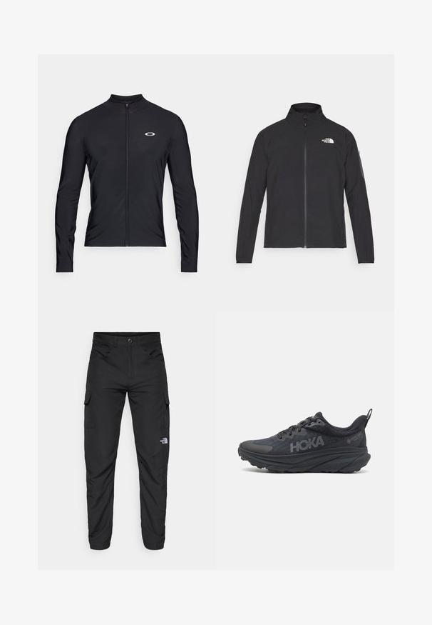 Melna jaka ar augstu apkakli, priekšpuses rāvējslēdzēju un teksturētu audumu. Ievērojams logo augšējā kreisajā pusē un sānu kabata uz piedurknes.; Melnas garas piedurknes blūze ar rāvējslēdzēju, kas izgatavota no viegla auduma; aprīkota ar apaļu apkakli un mazu logotipu drukātu kreisajā augšējā stūrī.; The North Face HORIZON PANT - Āra bikses - black; Melns Hoka skriešanas apavi ar tīkla augšdaļu, strukturētām detaļām un biezu, amortizētu zoli ar sašaurinātiem maliem, lai nodrošinātu labāku atbalstu.