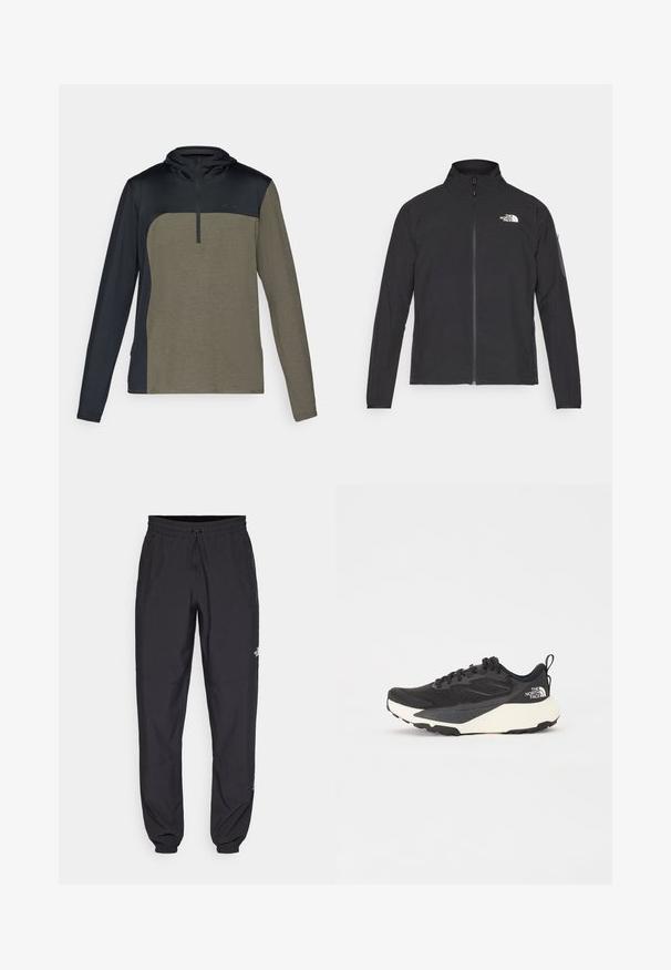 Čierna bunda s vysokým golierom, predným zipsom a textúrovanou tkaninou. Na prednej strane má logo na ľavej hornej strane a bočnú vrecko na rukáve.; Mikina s dlhým rukávom a polovičným zipsom, ktorá má hornú časť v tmavom námorníckom prevedení a spodnú časť vo farbe khaki, vyrobená z textúrovanej, priedušnej látky.; Čierne športové nohavice vyrobené z ľahkej tkaniny, s elastickým pásom na šnurovanie, bočnými vreckami a zúženými manžetami na členkoch.; Čierna atletická obuv s textúrovaným sieťovinovým vrchom, pevným čiernym akcentom a bielou ľahkou podrážkou. Obsahuje šnurovací systém a pútko.