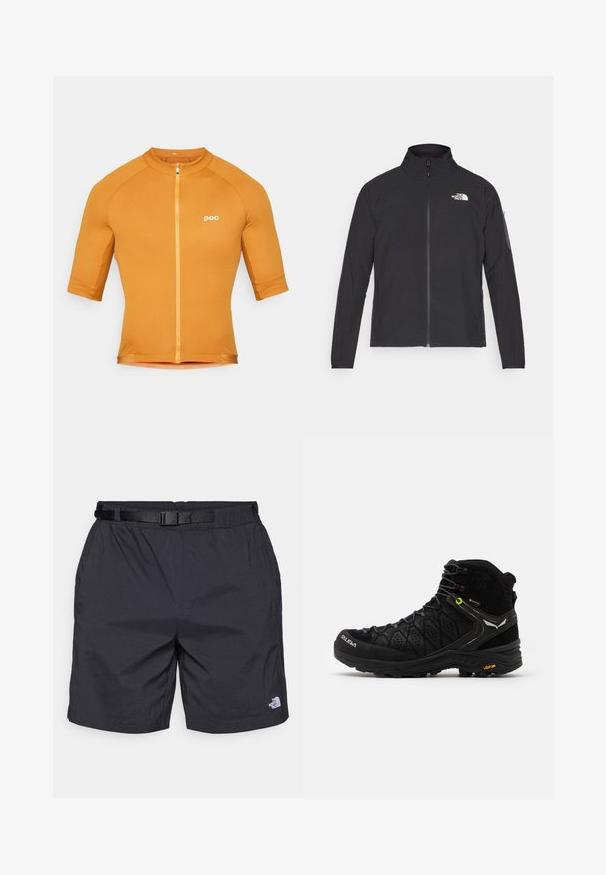 Čierna bunda s vysokým golierom, predným zipsom a textúrovanou tkaninou. Na prednej strane má logo na ľavej hornej strane a bočnú vrecko na rukáve.; POC THERMAL LITE - Cyklistické tričko - bauxite brown; Čierne ľahké šortky s voľným strihom, so nastaviteľným opaskom, bočnými vreckami a logom North Face na dolnej pravej nohe.; Čierna turistická obuv s textúrovaným zvrškom, vystuženou špičkou a Vibram podrážkou. Systém šnurovania obsahuje háčiky pre bezpečné upevnenie.