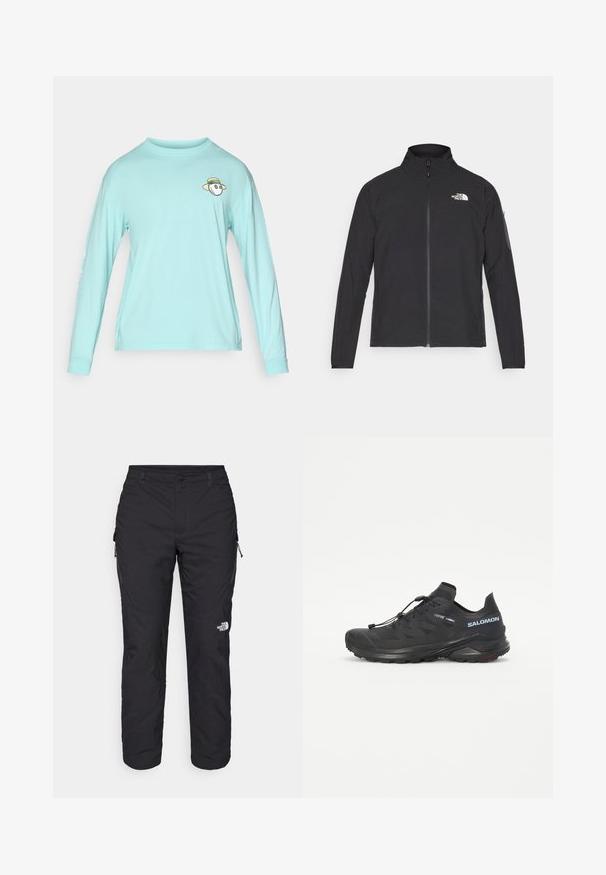 Casaco preto com um colarinho alto, fecho na frente e tecido texturizado. Apresenta um logótipo no canto superior esquerdo e um bolso lateral na manga.; Camisola de manga longa azul clara feita de algodão. Apresenta um pequeno rosto ilustrado com um chapéu no peito; a manga esquerda tem um detalhe em texto.; The North Face WINTER EXPLORATION TAPERED CARGO - Calças para exterior - black; Sapatilha de trail running preta com um upper texturizado, atacadores elásticos e sola Contagrip. Apresenta um ajuste confortável e uma biqueira protetora.