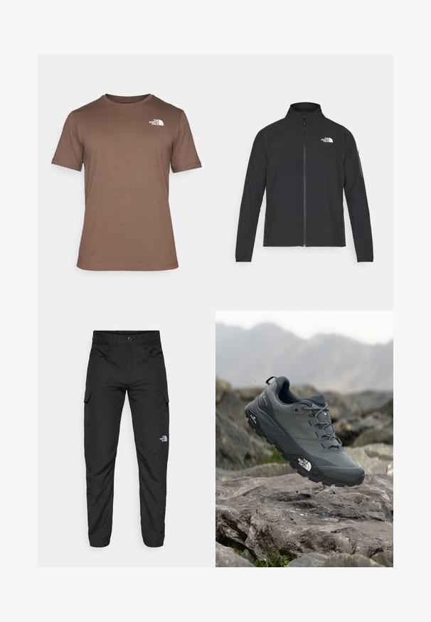 Jachetă neagră cu guler înalt, fermoar frontal și țesătură texturată. Dispune de un logo în partea stângă sus și o buzunar pe manșetă.; The North Face M SS BOX NSE TEE - Tricou cu imprimeu - smokey brown/black; The North Face HORIZON PANT - Pantaloni outdoor - black; Pantof de alergare pe trasee gri, cu o partieră texturată, talpă din cauciuc durabil și vârf întărit. Dispune de șireturi și logo-ul brandului pe lateral.