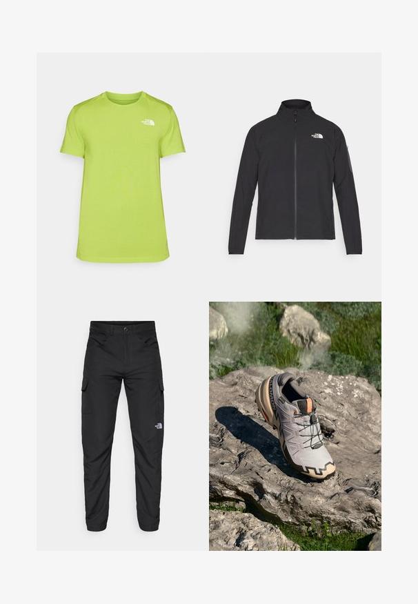 Svart jakke med høy krage, frontglidelås og teksturert stoff. Har et logo på øvre venstre side og en sidelomme på ermet.; Limegrønn t-skjorte med kort erm laget av fukttransporterende stoff, med en liten hvit logo på venstre bryst og rund hals.; The North Face HORIZON PANT - Friluftsbukser - black; Lys grå terrengløpesko med beige detaljer, teksturert overdel, sorte snørebånd og markert mønster på sålen. Inkluderer merkevarelogo.