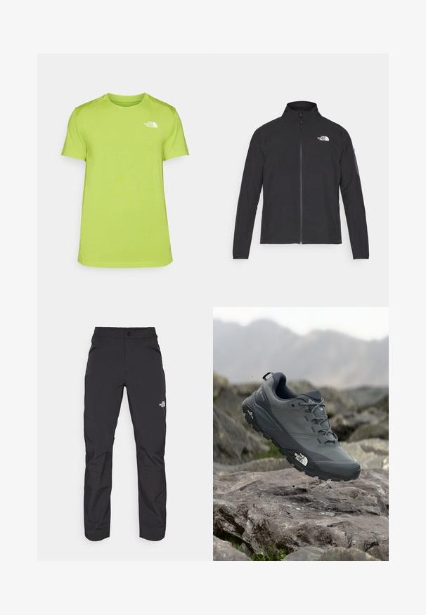 Čierna bunda s vysokým golierom, predným zipsom a textúrovanou tkaninou. Na prednej strane má logo na ľavej hornej strane a bočnú vrecko na rukáve.; Limetkovozelené tričko s krátkym rukávom vyrobené z materiálu odvádzajúceho vlhkosť, s malým bielym logom na ľavej hrudi a kruhovým výstrihom.; Čierne vonkajšie nohavice so zipsovým predným vreckom, vyrobené z syntetického materiálu, zúžené nohy a vy reforcované panely kolien. Obsahujú zapínanie na gombík.; Šedá trailová bežecká obuv s textúrovaným zvrškom, odolnou gumovou podrážkou a vystuženou špičkou. Obsahuje šnúrky a logo značky na boku.