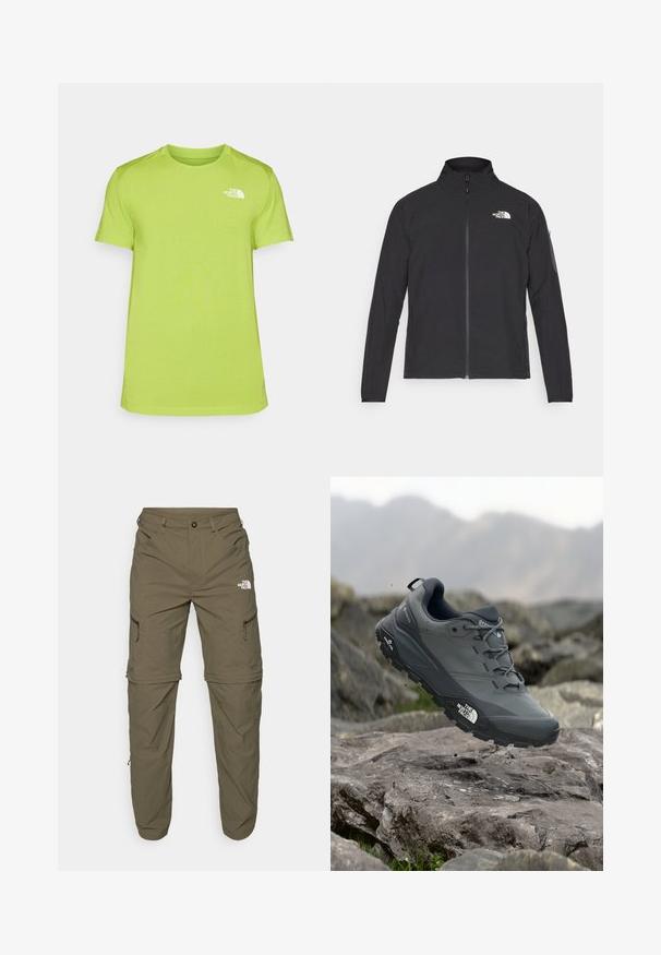 Fekete dzseki magas gallérral, elől cipzárral és texturált anyagból. Az elején bal oldalon logó található, és az ujjon egy oldalsó zseb helyezkedik el.; Lime zöld, rövid ujjú póló, nedvességelvezető anyagból készült, bal mellrészen egy kis fehér logóval és kerek nyakkivágással.; The North Face EXPLORATION TAPERED CONVERTIBLE - Szabadtéri nadrágok - new taupe green; Szürke terepfutó cipő, texturált felsőrésszel, tartós gumitalppal és megerősített orr résszel. Fekete fűzők és márka logó a cipő oldalán.