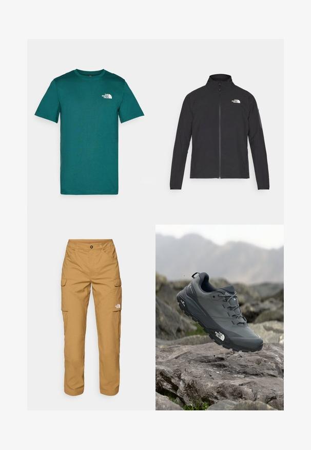Black jacket with a high collar, front zipper, and textured fabric. Features a logo on the upper left and a side pocket on the sleeve.; Teal short-sleeve t-shirt made of soft cotton, featuring a round crew neck and a white logo on the left chest. Plain design, no patterns.; The North Face EXPLORATION PANTS - Cargo trousers - utility brown; Grey trail running shoe with a textured upper, durable rubber sole, and reinforced toe cap. Features laces and brand logo on the side.