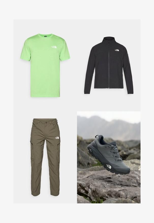 Musta jakk, millel on kõrge krae, eesneediga ja tekstuuriga kangas. Omab logo vasakul ülal ja küljetaskut varrukal.; Mündroheline puuvillane T-särk ümarate kaelustega ja lühikeste varrukatega. Esiküljel on valge logo vasakul rinnal. Sile tekstuur, mugav lõige.; Oliiviroheline välispüksid, mis on valmistatud kergest kangast, lisaks on neil kaubanduslikud taskud, tõmblukkude detailid ja logo reie ülaosas.; Hallhalli jooksukingad halli värvi, tekstureeritud ülemise osaga, vastupidava kummist tallaga ja tugevdatud varvaste kattega. Omab paelu ja kaubamärgi logo küljel.