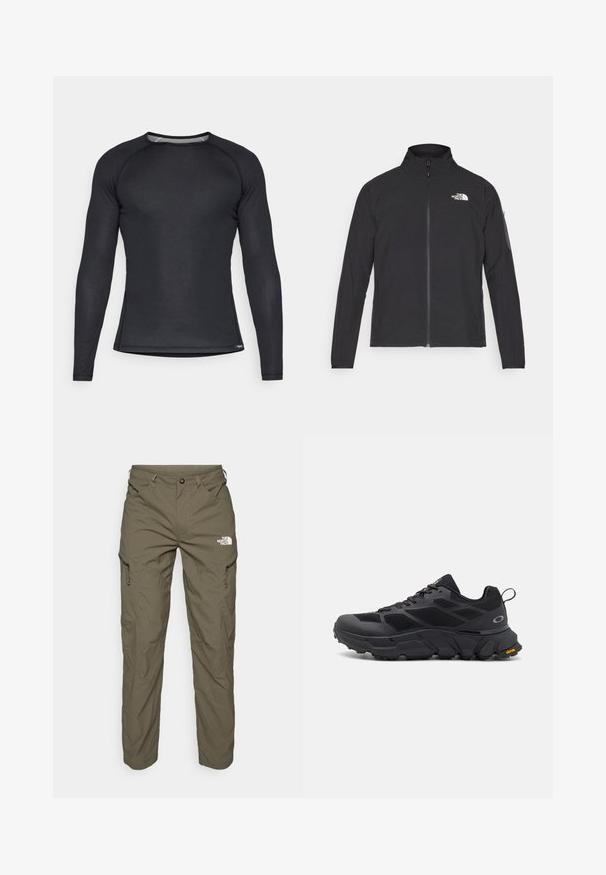 Černá bunda s vysokým límcem, předním zipem a strukturovanou tkaninou. Obsahuje logo na horní levé straně a boční kapsu na rukávu.; Černé dlouhé rukávy sportovní tričko vyrobené z texturovaného materiálu s kulatým výstřihem a síťovinovými detaily na límci, přiléhavý design pro snadný pohyb.; Olivově zelené venkovní kalhoty vyrobené z lehké tkaniny, s cargo kapsami, zipovými akcenty a logem na horní části stehna.; Černé sportovní boty s mohutnou podrážkou, svrškem z materiálu síťoviny a syntetiky, texturovanými detaily a značením Vibram na podrážce.