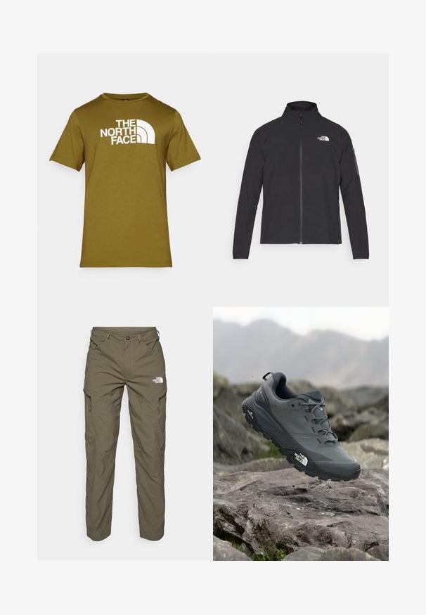 Melna jaka ar augstu apkakli, priekšpuses rāvējslēdzēju un teksturētu audumu. Ievērojams logo augšējā kreisajā pusē un sānu kabata uz piedurknes.; Olīvu zaļas kokvilnas T-krekls ar baltu logo printu "THE NORTH FACE" un izliektiem dizaina elementiem priekšpusē. Apaļa kakla izgriezums, īsās piedurknes.; Olīvu zaļas āra bikses, kas izgatavotas no viegla auduma, ar kravu kabatām, rāvējslēdzēju akcentiem un logotipu uz augšstilba.; Pelēki skrējēju apavi ar teksturētu virsu, izturīgu gumijas zoli un pastiprinātu pirkstu daļu. Iekļauj šņores un zīmola logo sānos.