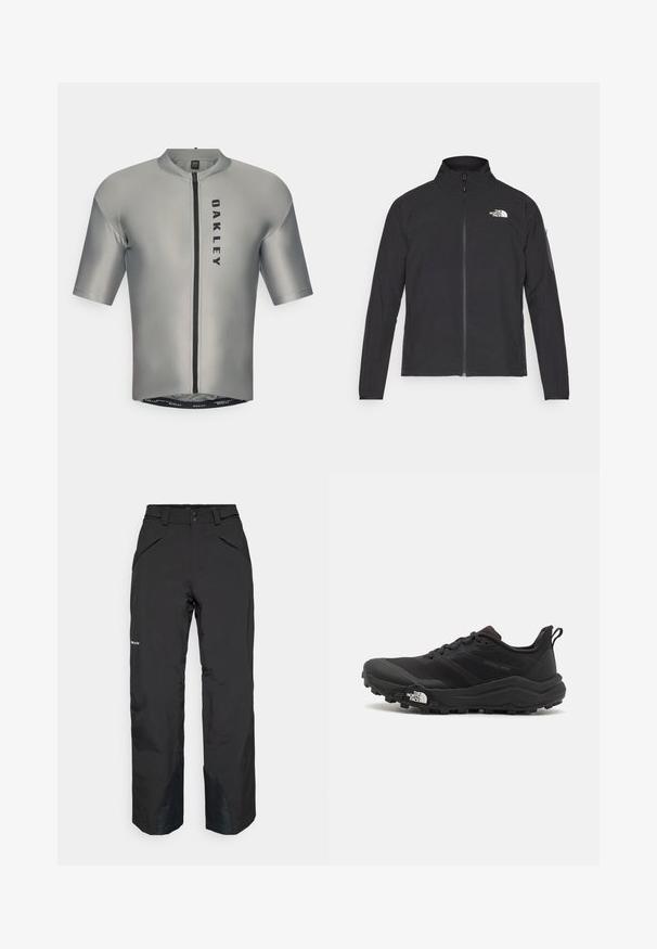 Crna jakna s visokim ovratnikom, prednjim zatvaračem i teksturiranim materijalom. Ima logo na gornjem lijevom dijelu i bočnu žepnju na rukavu.; Majica za biciklizam s kratkim rukavima od glatkog sivog materijala s prednjim zatvaračem, s crnim logom "OAKLEY" i uskim krojem.; Crne vodootporne hlače ravnog kroja, s zatvorenim džepovima, ojačanim rubovima i glatkom teksturom.; Crne trail trkačke cipele s teksturiranim gornjim dijelom, gumeni potplat i ojačana zaštita za prste. Imaju podstavljen ovratnik i trakicu za lakše obuvanje.