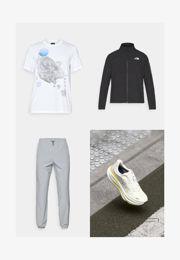Svart jakke med høy krage, frontglidelås og teksturert stoff. Har et logo på øvre venstre side og en sidelomme på ermet.; Hvit bomull t-skjorte med et topografisk kartdesign i svart og blått, med textelementer og en rund blå detalj. Korte ermer.; The North Face WIND PANT - Friluftsbukser - monument grey; Hvit og gul HOKA sneaker som svever over en teksturert fortauskant og veiskulder nær et fotgjengerovergang.