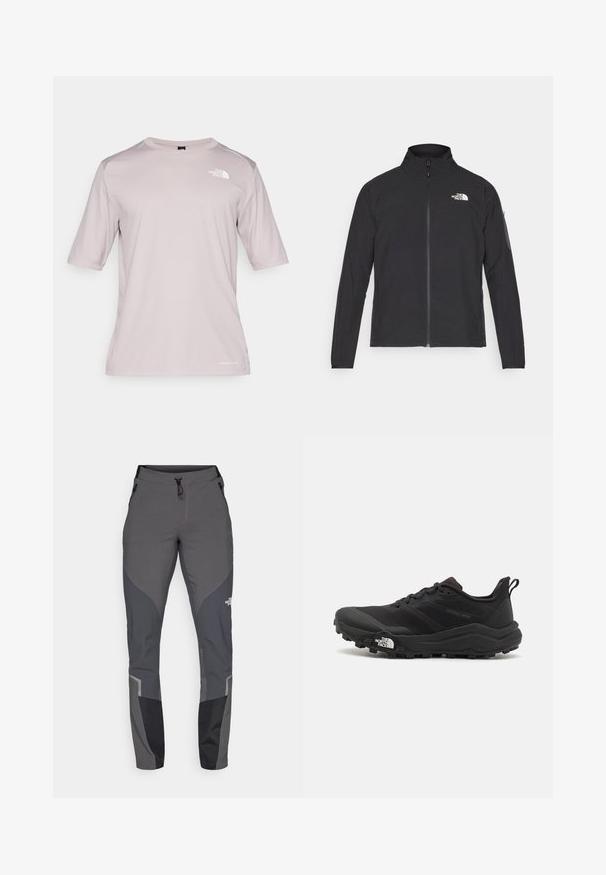 Fekete dzseki magas gallérral, elől cipzárral és texturált anyagból. Az elején bal oldalon logó található, és az ujjon egy oldalsó zseb helyezkedik el.; Könnyű, rövid ujjú, világos rózsaszín sportpóló textil mintával. Kerek nyakú és logók találhatók a mellkason és az alsó oldalon.; Szürke túranadrág, amely tapered dizájnt, több zsebet és kontrasztos sötétszürke és fekete éleket tartalmaz. Rugalmas, tartós anyagból készült.; Fekete terepfutó cipő, textúrált felső résszel, gumitalppal és megerősített lábujjrészével. Párnázott bokarésszel és húzófüllel rendelkezik a könnyű felhúzáshoz.