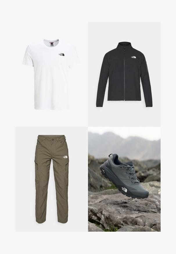 Melna jaka ar augstu apkakli, priekšpuses rāvējslēdzēju un teksturētu audumu. Ievērojams logo augšējā kreisajā pusē un sānu kabata uz piedurknes.; Balta kokvilnas T-kreklu ar īsām piedurknēm, apaļu apkakli un mazu melnu logotipu augšējā kreisajā krūtīs. Gluda tekstūra, ikdienišķa piegriezne.; Olīvu zaļas āra bikses, kas izgatavotas no viegla auduma, ar kravu kabatām, rāvējslēdzēju akcentiem un logotipu uz augšstilba.; Pelēki skrējēju apavi ar teksturētu virsu, izturīgu gumijas zoli un pastiprinātu pirkstu daļu. Iekļauj šņores un zīmola logo sānos.