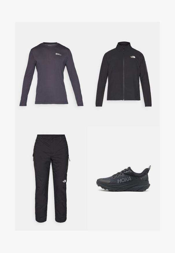 Schwarze Jacke mit hohem Kragen, vorderem Reißverschluss und TEXTURIERTEM Stoff. Verfügt über ein Logo auf der oberen linken Seite und eine Seitentasche am Ärmel.; Jack Wolfskin VONNAN - Langarmshirt - phantom; The North Face WINTER EXPLORATION TAPERED CARGO - Outdoor-Hose - black; Schwarzer Hoka-Laufschuh mit einem Obermaterial aus Netzgewebe, strukturierten Details und einer dicken, gepolsterten Sohle mit verjüngten Kanten für verbesserten Halt.