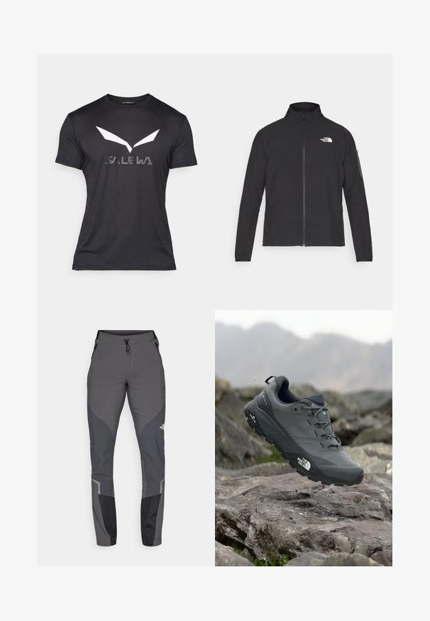 Melna jaka ar augstu apkakli, priekšpuses rāvējslēdzēju un teksturētu audumu. Ievērojams logo augšējā kreisajā pusē un sānu kabata uz piedurknes.; Melna īsām piedurknēm T-krekls ar lielu baltu logotipu, kas līdzīgs spārniem, un vārdu "SALEWA" pelēkā krāsā zem tā. Gluda auduma struktūra.; Pelēki pārgājienu bikses ar sašaurinātu piegriezumu, vairākām kabatām un kontrastējošiem tumši pelēkiem un melniem akcentiem. Izgatavotas no elastīga, izturīga materiāla.; Pelēki skrējēju apavi ar teksturētu virsu, izturīgu gumijas zoli un pastiprinātu pirkstu daļu. Iekļauj šņores un zīmola logo sānos.