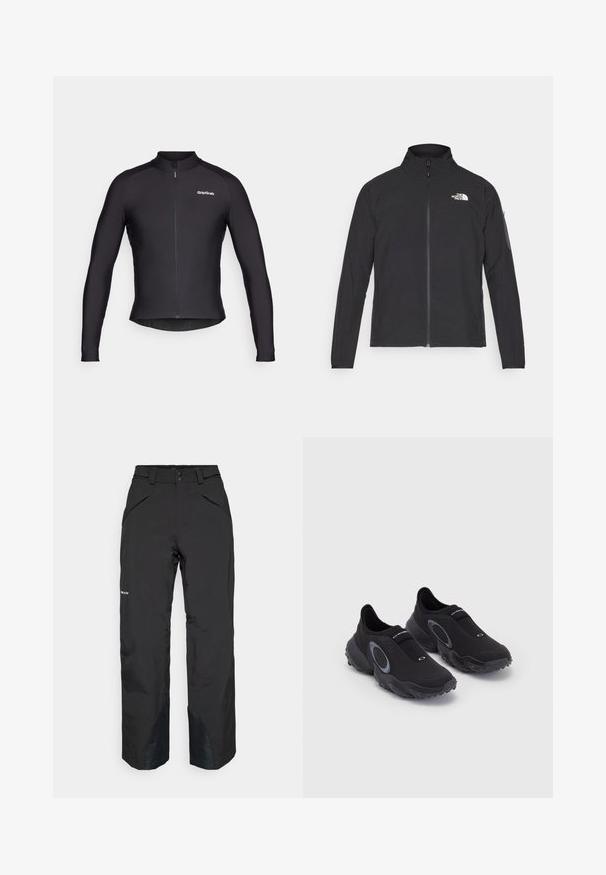 Svart jacka med hög krage, framdragkedja och texturerat tyg. Har en logotyp på övre vänstra sidan och en sidoficka på ärmen.; Svart cykeljacka med långa ärmar, slim fit-design, full frontdragkedja och diskret logotyp på bröstet. Slät, stretchig tyg.; Svarta vattentäta byxor med rak passform, med zippered fickor, förstärkta kantdetaljer och en slät texturerad finish.; Svarta slip-on sneakers med en texturerad överdel och gummisula. Har en grå cirkulär detalj och elastisk rem över fotryggen för optimal passform.