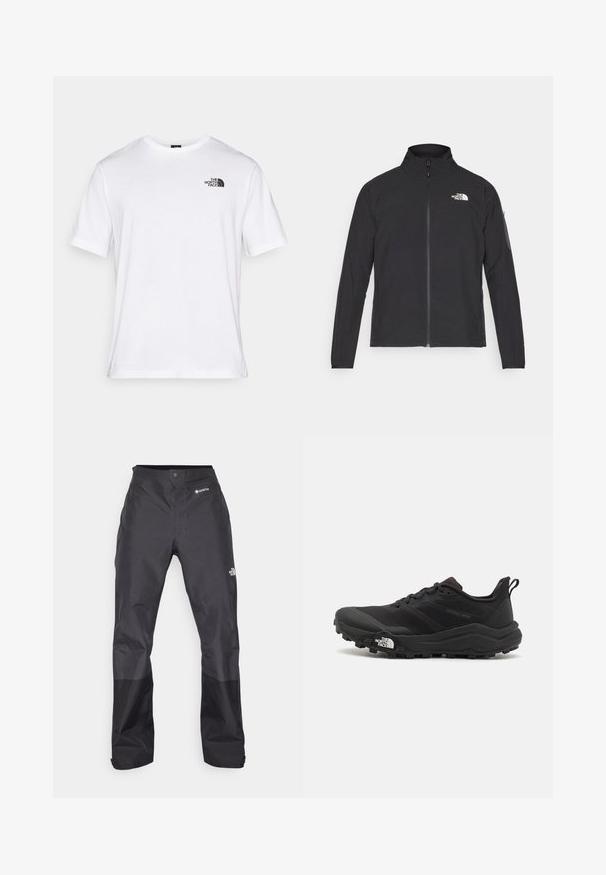 Musta jakk, millel on kõrge krae, eesneediga ja tekstuuriga kangas. Omab logo vasakul ülal ja küljetaskut varrukal.; Valge puuvillane T-särk lühikeste varrukatega, ümmarguse kaelusega ja väike must logo vasakul rinnal. Sile tekstuur, mugav lõige.; Mustad vettpidavad püksid, millel on sile tekstuur, ees GORE-TEX logo ja tugevdatud alumised jalad vastupidavuse tagamiseks.; Must tume jooksujalats musta värvi, tekstuurse ülemise osaga, kummist tallaga ja tugevdatud varbaga. Omab pehmendusega krae ja tõmblinti mugavaks selga panemiseks.