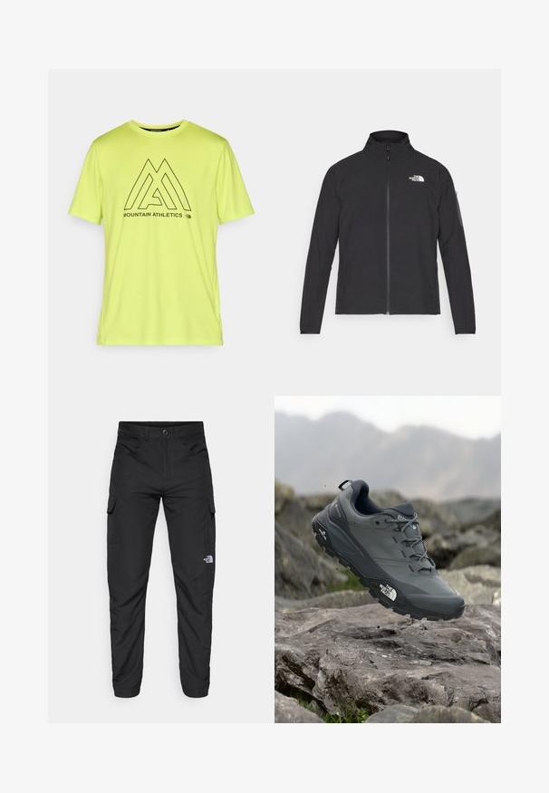 Black jacket with a high collar, front zipper, and textured fabric. Features a logo on the upper left and a side pocket on the sleeve.; Bright neon yellow athletic t-shirt made of soft fabric, featuring a black graphic design with "MOUNTAIN ATHLETICS" text and logo.; The North Face HORIZON PANT - Outdoor trousers - black; Grey trail running shoe with a textured upper, durable rubber sole, and reinforced toe cap. Features laces and brand logo on the side.