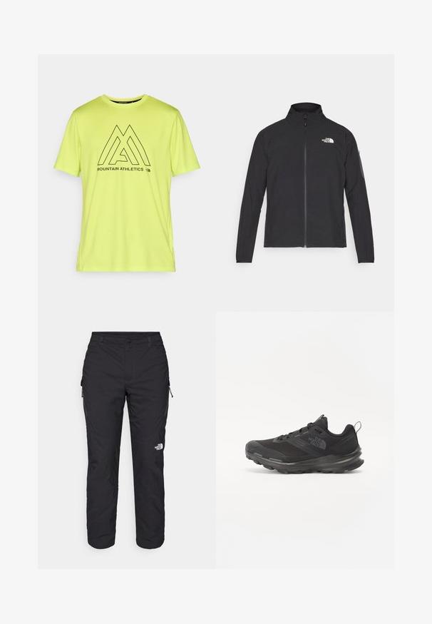 Musta jakk, millel on kõrge krae, eesneediga ja tekstuuriga kangas. Omab logo vasakul ülal ja küljetaskut varrukal.; Kirkas neoonkollane sportlik T-särk pehmest kangast, millel on must graafiline kujundus, milles on tekst ja logo "MOUNTAIN ATHLETICS".; The North Face WINTER EXPLORATION TAPERED CARGO - Õuepüksid - black; Must use õhku läbilaskvat võrku ülemise ja kummist välispõhjaga mustad atleetijalatsid, millel on polsterdatud kaelus. Omab nööre, logo küljel ja tekstuurset disaini.