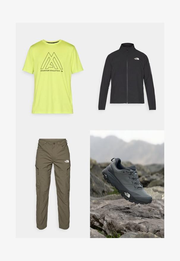 Juodas švarkas su aukšta apykakle, priekiniais užtrauktukais ir tekstūruotu audiniu. Yra logotipas viršuje kairėje ir šoninis kišenė ant rankovės.; Šviesiai neoninės geltonos spalvos sportinė marškinėlių, pagaminti iš minkštos medžiagos, su juodu grafiniu dizainu ir užrašu bei logotipu "MOUNTAIN ATHLETICS".; Alyvuogių žalios spalvos lauko kelnės, pagamintos iš lengvos medžiagos, su šoninėmis kišenėmis, užtrauktuko akcentais ir logotipu ant šlaunies.; Pilkas bėgimo batelis su tekstūruota viršutine dalimi, tvirtu guminio pado ir sustiprinta nosimi. Turi raištelius ir prekės ženklo logotipą šone.