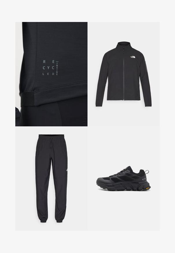 Svart jakke med høy krage, frontglidelås og teksturert stoff. Har et logo på øvre venstre side og en sidelomme på ermet.; Svart treningstop med en jevn tekstur, elastisk midje og tekstgrafikk som sier "RESIRKULERT INNI" i kontrasterende grå.; Sorte idrettsbukser laget av lett stoff, med snor i livet, sidelommer og smale mansjetter ved anklene.; Svarte sportssko med en kraftig såle, mesh- og syntetisk overdel, teksturerte detaljer og Vibram-merket på sålen.