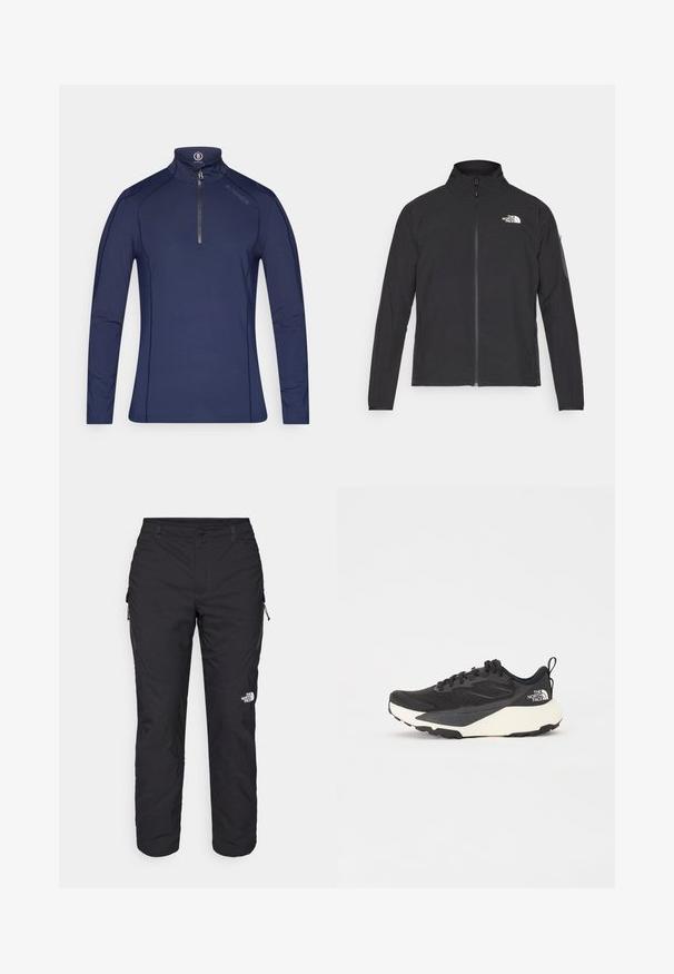 Juodas švarkas su aukšta apykakle, priekiniais užtrauktukais ir tekstūruotu audiniu. Yra logotipas viršuje kairėje ir šoninis kišenė ant rankovės.; Tamsiai mėlynas ilgomis rankovėmis pusiau užtraukiamas džemperis, pagamintas iš sklandžios, tamprios medžiagos. Yra kontrastingos siūlės ir aukštas krūtinės apykaklė su prekės ženklu.; The North Face WINTER EXPLORATION TAPERED CARGO - Lauko kelnės - black; Juodas sportinis batelis su tekstūruotu tinkleliu, solidžiai juodais akcentais ir lengvu baltu padu. Yra raištelių uždarymas ir trauktukas.
