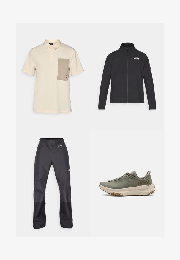 Melna jaka ar augstu apkakli, priekšpuses rāvējslēdzēju un teksturētu audumu. Ievērojams logo augšējā kreisajā pusē un sānu kabata uz piedurknes.; Gaiši beigi polo krekls ar apkakli, īsām piedurknēm un kontrastējošu brūnganu kabatu ar logotipu. Gluda, viegla auduma struktūra.; Melni ūdensnecaurlaidīgi bikses ar gludu tekstūru, ar GORE-TEX logo priekšpusē un pastiprinātiem apakšējiem matiņiem izturībai.; Zaļas Hoka skriešanas kurpes ar Gore-Tex augšdaļu, strukturētām akcentiem, elastīgām šņorēm un biezu bēša krāsas zoli ar Vibram logo.